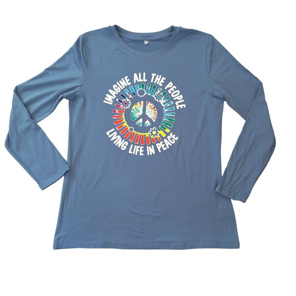 Imagine Peace Long Sleeve Top Size L Teal Blue Retro Musiccore Retro Style - Picture 9 of 13
